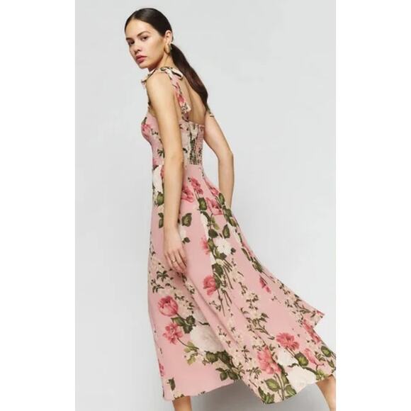 REFORMATION Nadira Tie Strap Midi Dress Floral Sweetheart Smocked Maxi Pink - Picture 15 of 16